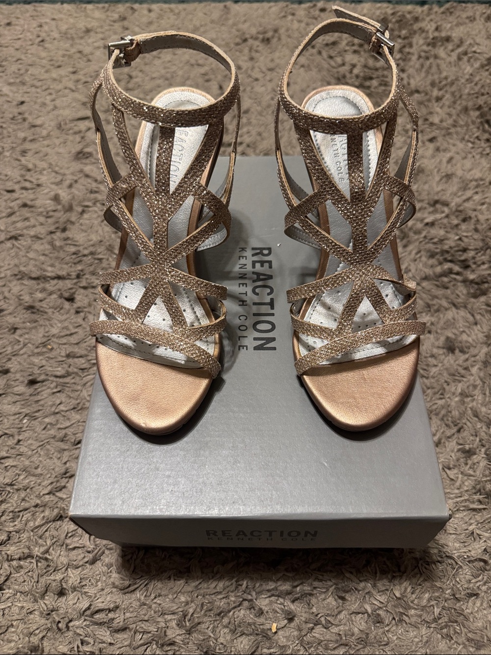 Reaction Kenneth Cole Glitter Strappy Heeled Sandals in Rose Gold